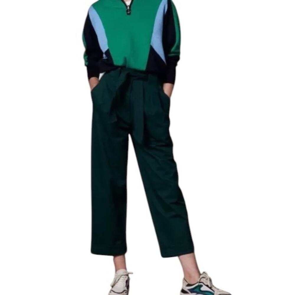 Sandro Paris Green High Rise Cotton Belted Pants Cropped Wide Leg size 40 US 8